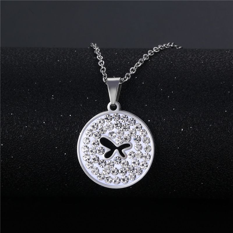 Wholesale Jewelry Simple Hollow Butterfly Round Pendant Stainless Steel Necklace Nihaojewelry