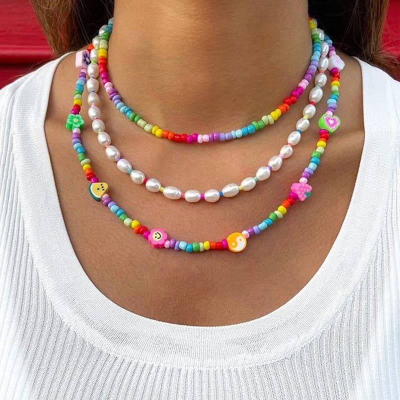 Nihaojewelry Wholesale Jewelry Bohemian Colored Beads Soft Ceramic Fruit Pearl Multi-layer Clavicle Chain