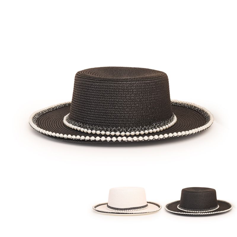 Wholesale Fashion Wide-brimmed Pearl-rim Flat Straw Hat Nihaojewelry