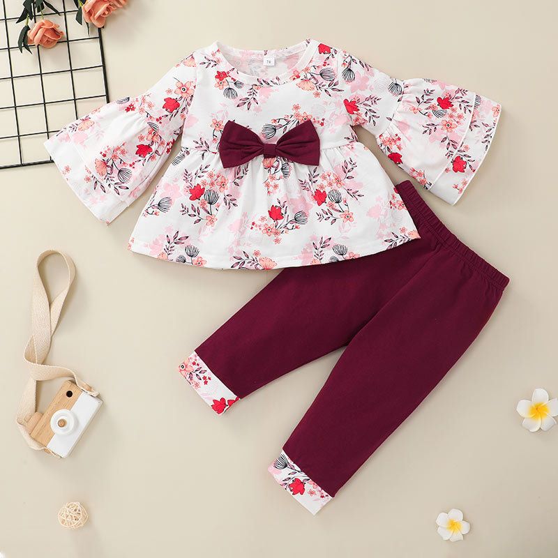Wholesale Printing Long-sleeved Bow Children's T-shirt Trousers Set Nihaojewelry