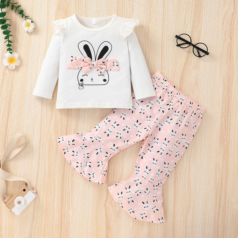 Wholesale Cute Rabbit Long-sleeved Pullover Children's T-shirt Flared Pants Two-piece Set Nihaojewelry
