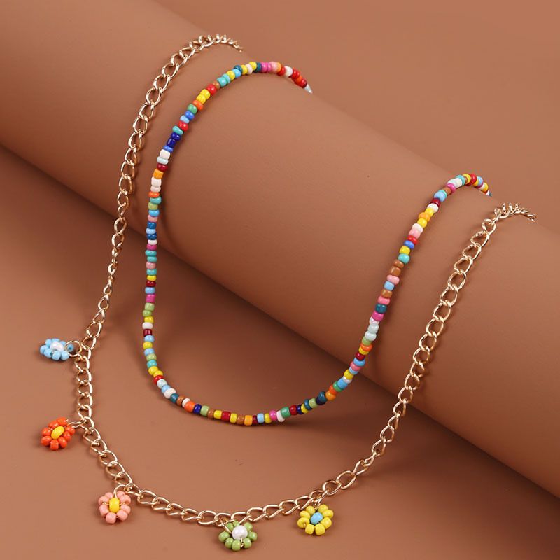 Wholesale Bijoux De Style Bohème Perles Tissées À La Main Pendentif Fleur Collier Multicouche Nihaojewelry