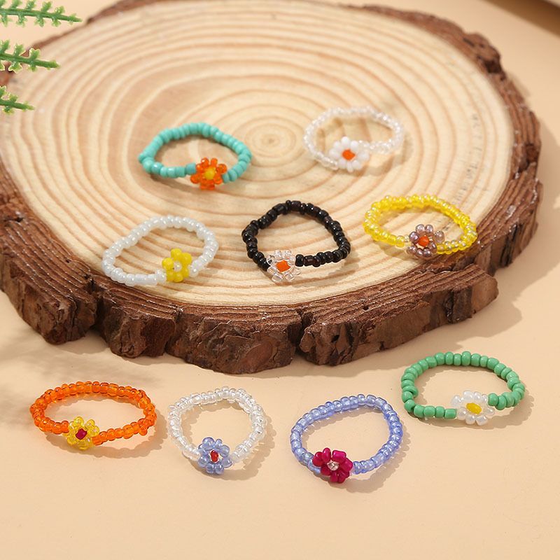 Wholesale Jewelry Bohemian Handmade Crystal Flower Color Beaded Ring Nihaojewelry