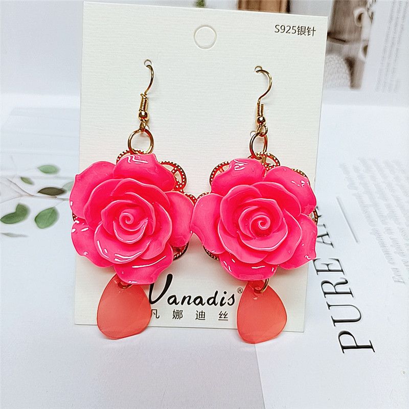 Wholesale Jewelry Red Rose Flower Ethnic Style Short Earrings Nihaojewelry