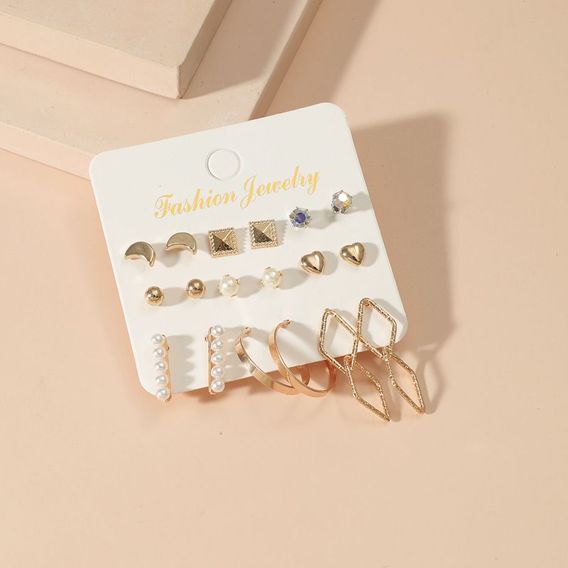Wholesale Jewelry Retro Heart-shaped Inlaid Pearl Stud Earrings 9-piece Set Nihaojewelry