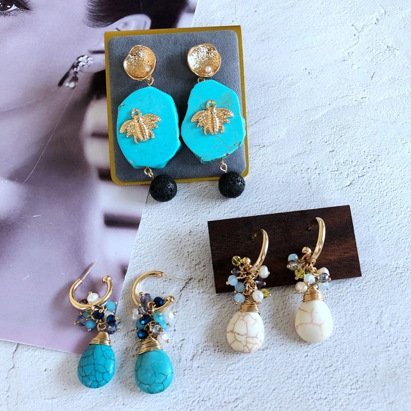 Vente En Gros Bijoux Style Ethnique Perles De Verre Turquoise Boucles D&#39;oreilles En Forme D&#39;insecte Nihaojewelry