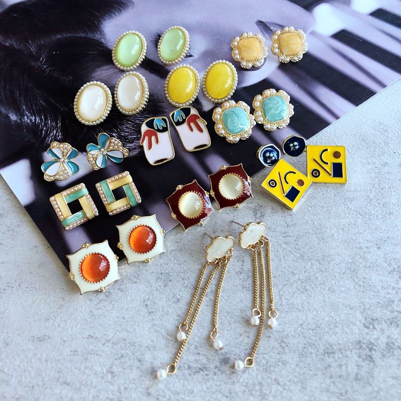 Wholesale Jewelry Enamel Glaze Pearl Resin Geometric Floral Stud Earrings Nihaojewelry