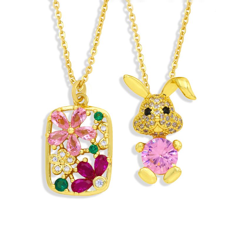 Wholesale Jewelry Flower Tag Rabbit Pendant Copper Inlaid Zircon Necklace Nihaojewelry