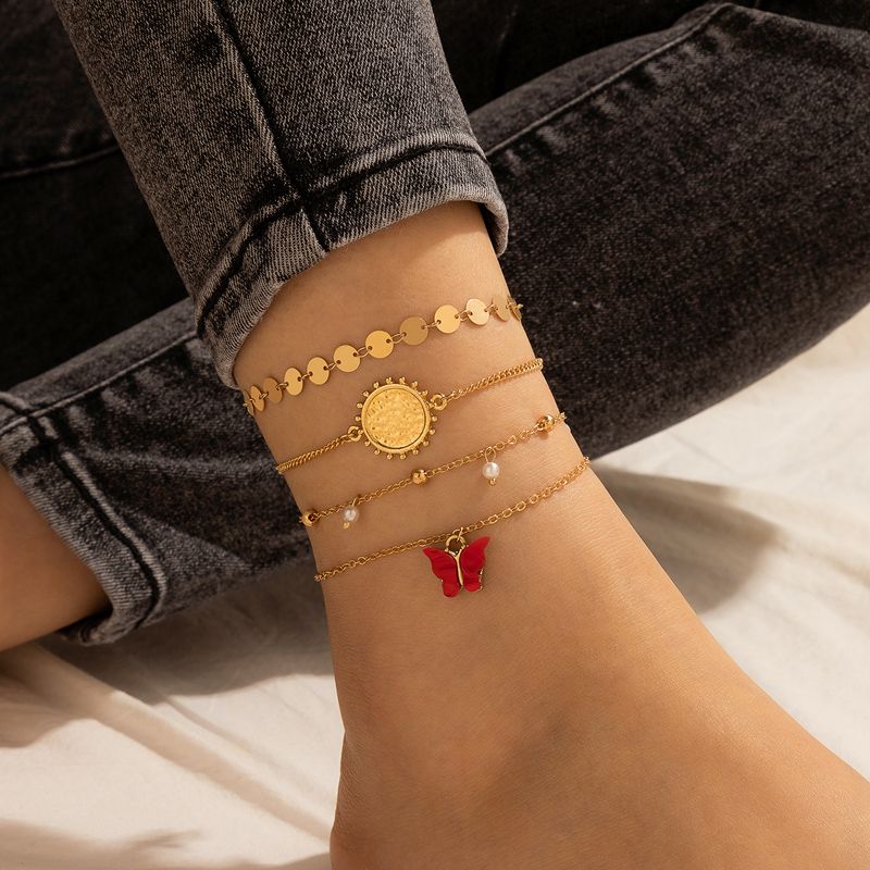 Nihaojewelry Wholesale Jewelry Bohemian Red Butterfly Pendant Disc Tassel Anklet 4-piece Set