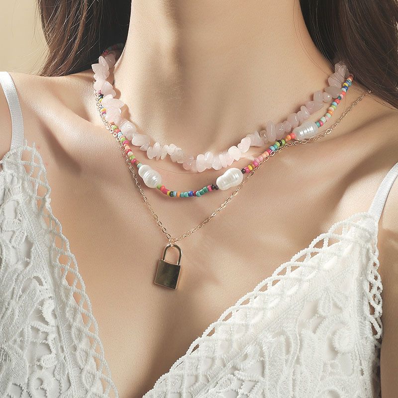 Wholesale Jewelry Bohemian Stone Rice Beads Lock Pendant Multilayer Necklace Nihaojewelry