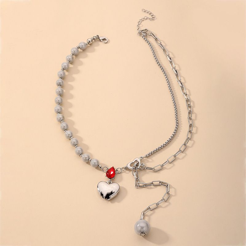 Wholesale Jewelry Heart Red Rhinestone Pearl Stitching Retro Necklace Nihaojewelry