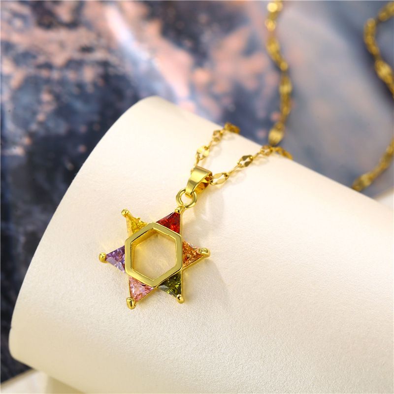 Wholesale Jewelry Six Pointed Star Colorful Zircon Titanium Steel Necklace Nihaojewelry