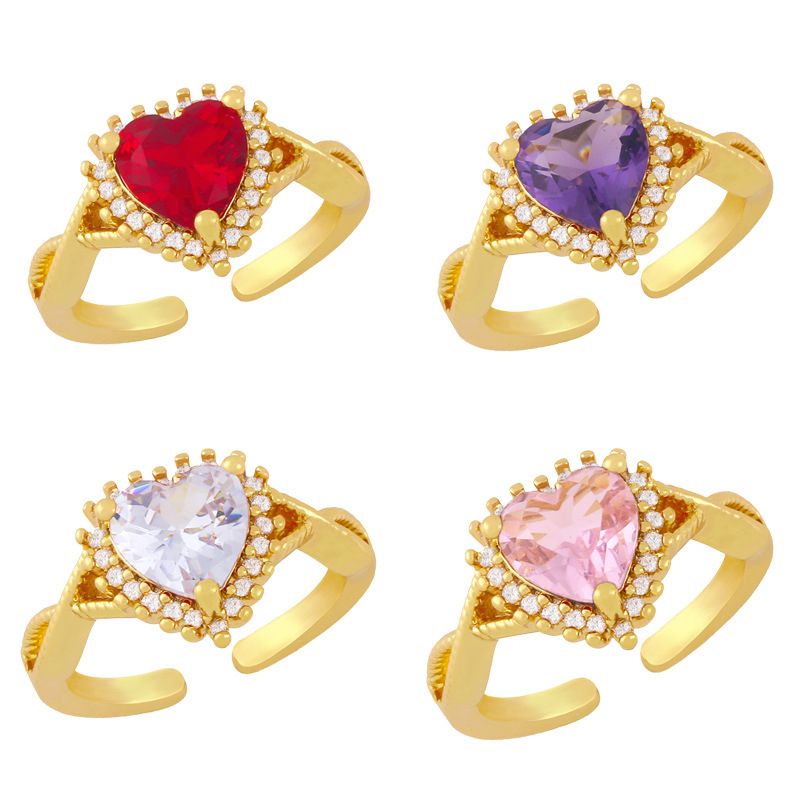 Wholesale Jewelry Gold-plated Heart-shaped Copper Inlaid Zircon Open Ring Nihaojewelry