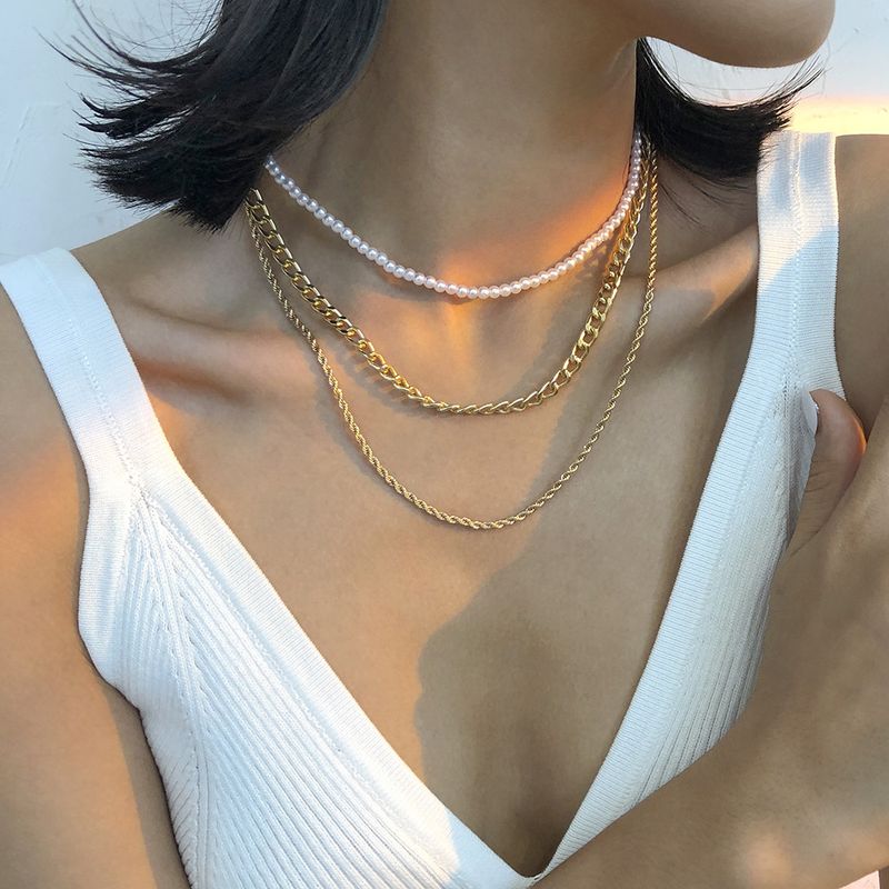 Großhandel Schmuck Perlen Perlen Metallkette Mehrschichtige Halskette Nihaojewelry