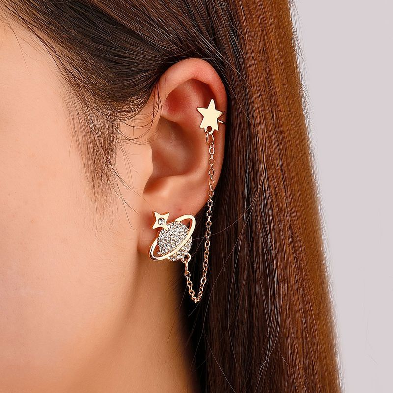 Wholesale Jewelry Long Chain Planet Inlaid Zircon Ear Clip Single Nihaojewelry