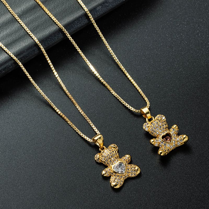 Wholesale Jewelry Cute Heart Bear Pendant Copper Zircon Necklace Nihaojewelry