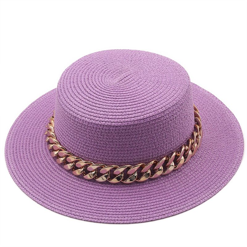 New Flat Top Hat Straw Hat Women's Summer Beach Hat Sun-proof Vacation Seaside Hat Flat Brim Fedora Hat