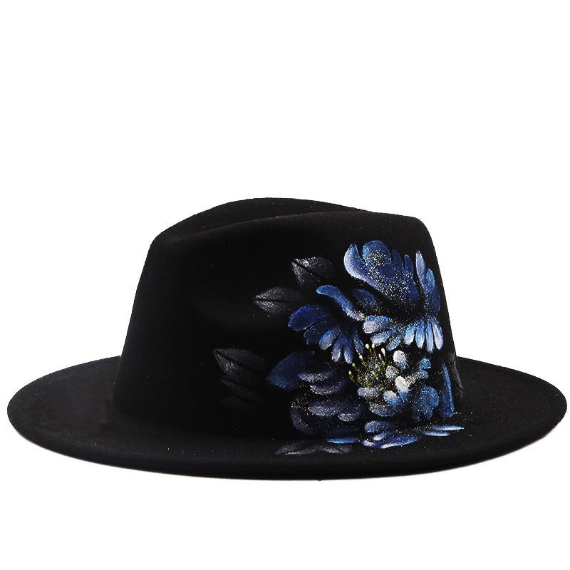 Wholesale Hand-painted Blue Flower Pattern Flat Brim Woolen Top Hat Nihaojewelry