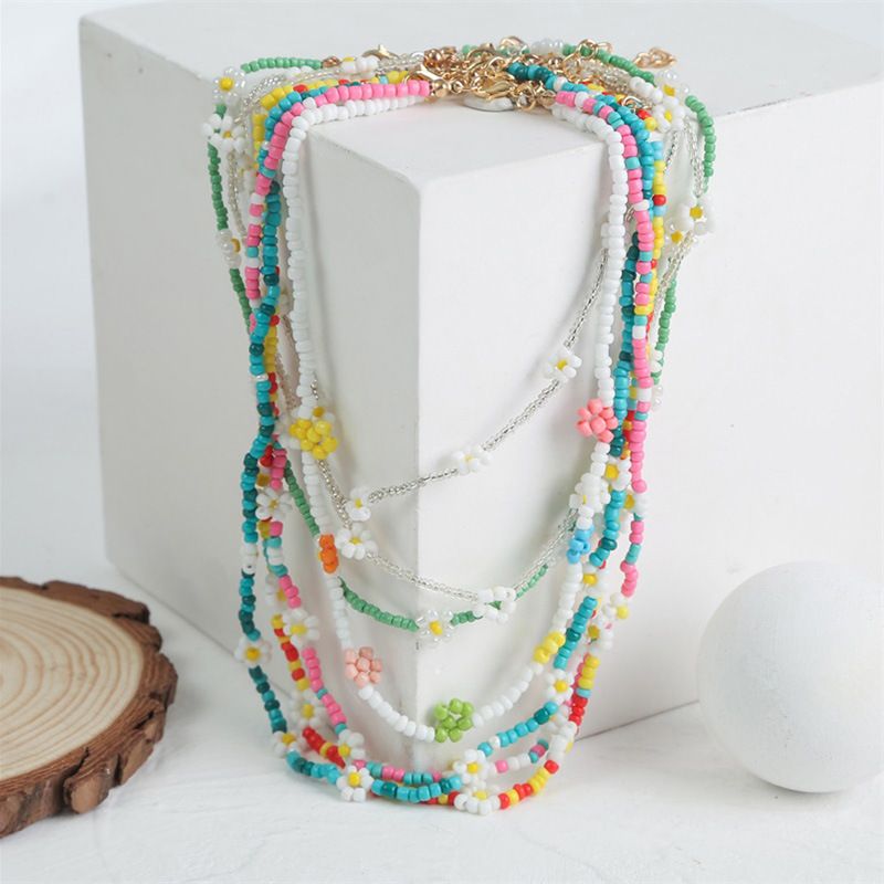 Color Handmade Rice Bead Flower Bohemian Long Necklace Wholesale Nihaojewelry