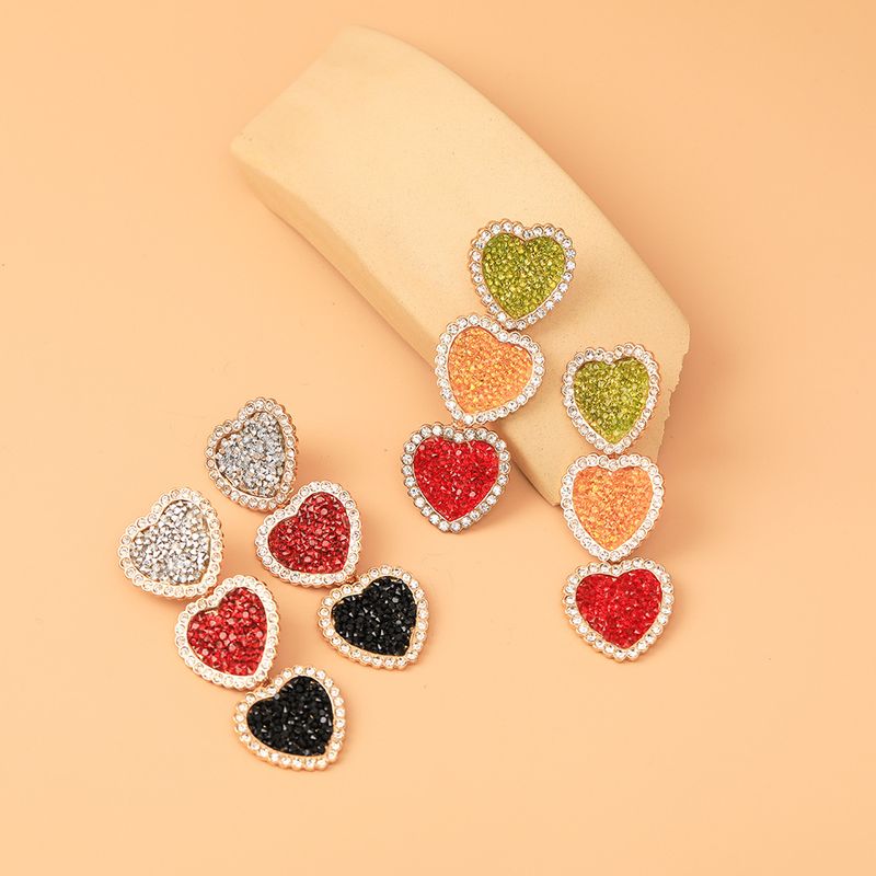 Wholesale Jewelry Full Diamond Hit Color Heart-shaped Tasssl Earrings Nihaojewelry