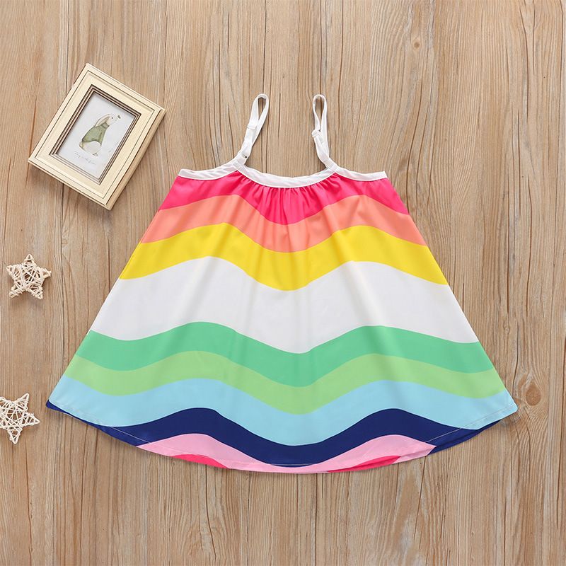 2021 New Summer Girls' Braces Skirt Loose Rainbow Sleeveless Mid-length Children Shirt A- Line Skirt Cross-border