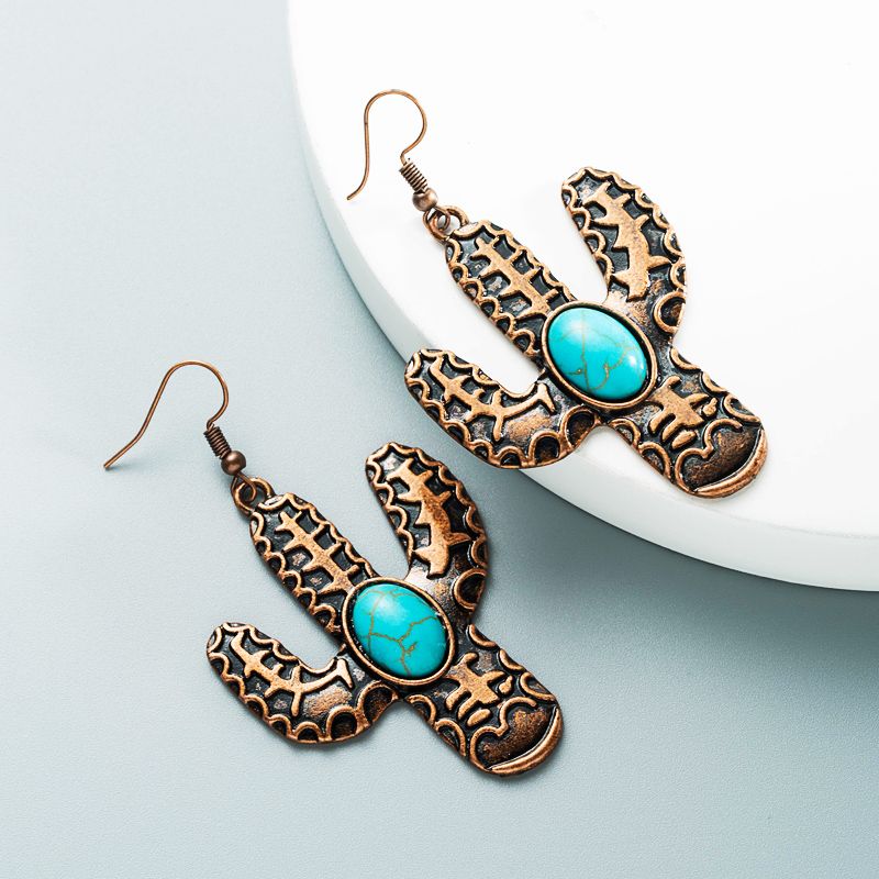Wholesale Fashion Alloy Inlaid Turquoise Cactus Earrings Nihaojewelry