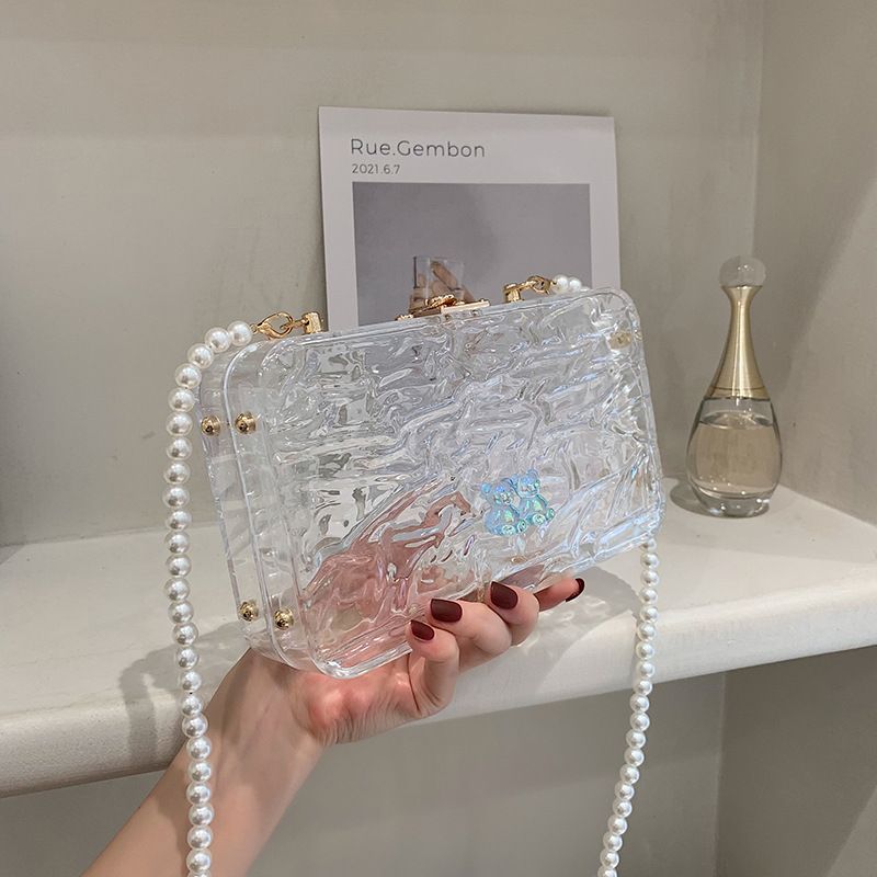 Transparent Box Acrylic Beaded Chain Small Square Bag 2021 Korean Style Soft Girl Fashion Shoulder Messenger Bag