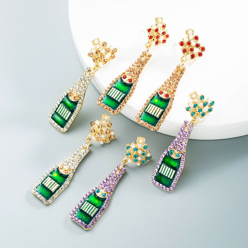 Wholesale Jewelry Alloy Inlaid Pearl Rhinestone Dripping Wine Bottle Earrings Nihaojewelry