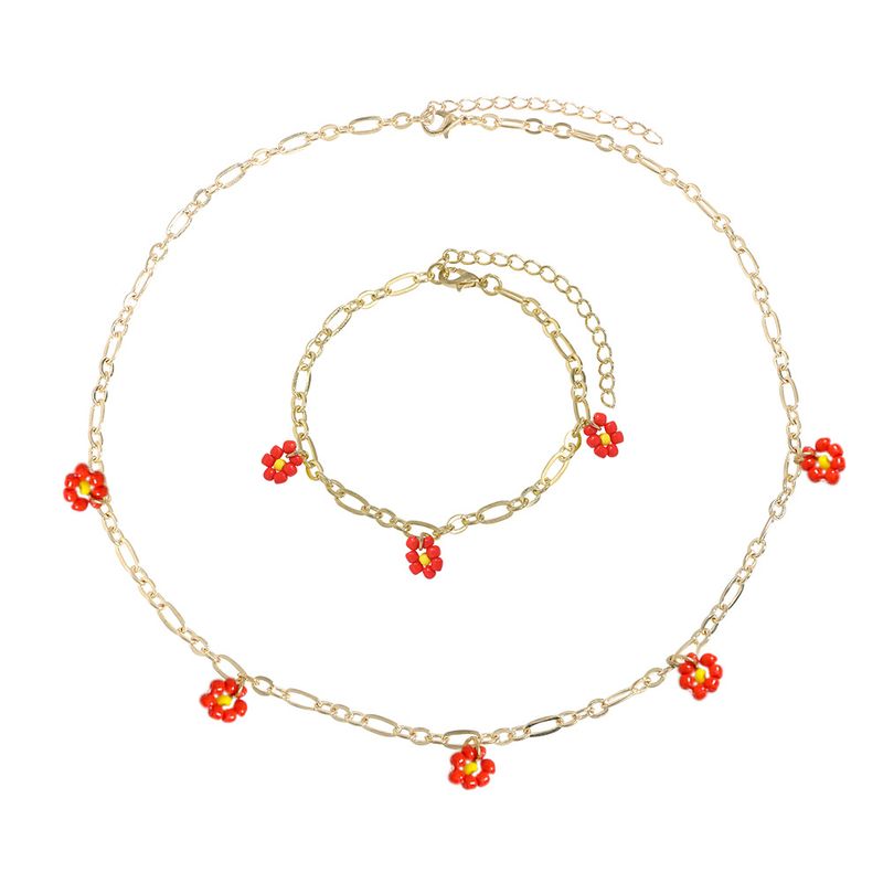 Bohemian Style Handmade Rice Beads Small Daisy Flower Necklace Bracelet Set Wholesale Jewelry Nihaojewelry