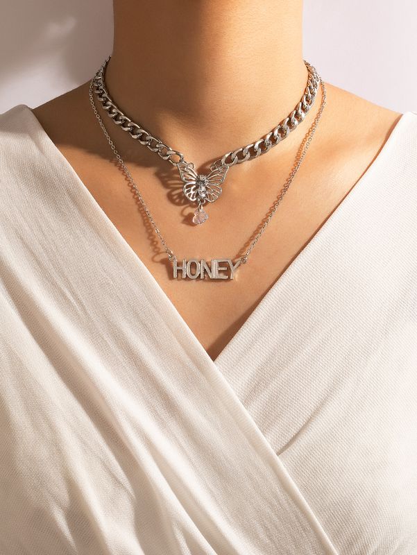 Wholesale Korean Double Layered Letter Butterfly Pendent Multi-layer Necklace Nihaojewelry