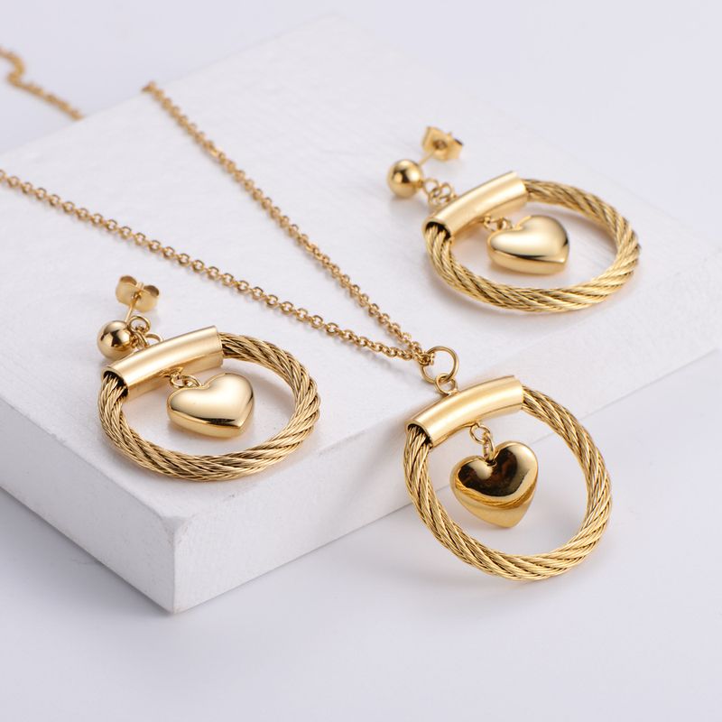 Golden Heart-shaped Pendant Necklace Earrings Set Wholesale Nihaojewelry