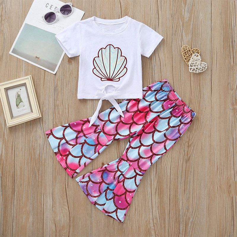 Wholesale Children's Shell Fish Tail Short-sleeved T-shirt Flared Pants Two-piece Nihaojewelry