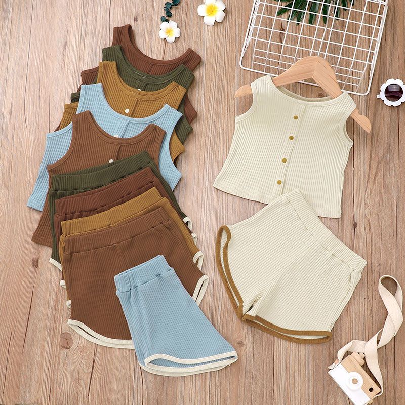 Children's Clothes Korean Fashion Sunken Stripe Suit Children's Solid Color Vest Shorts Two-piece Set Foreign Trade In Stock