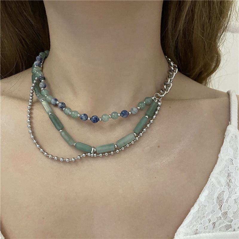 Großhandel Schmuck Grüner Turmalinstein Runde Perlen Mehrschichtige Halskette Nihaojewelry