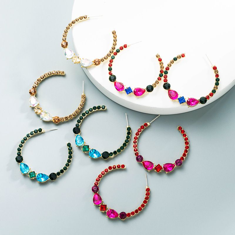 Wholesale Fashion Alloy Inlaid Color Rhinestone C-shaped Earrings Nihaojewelry