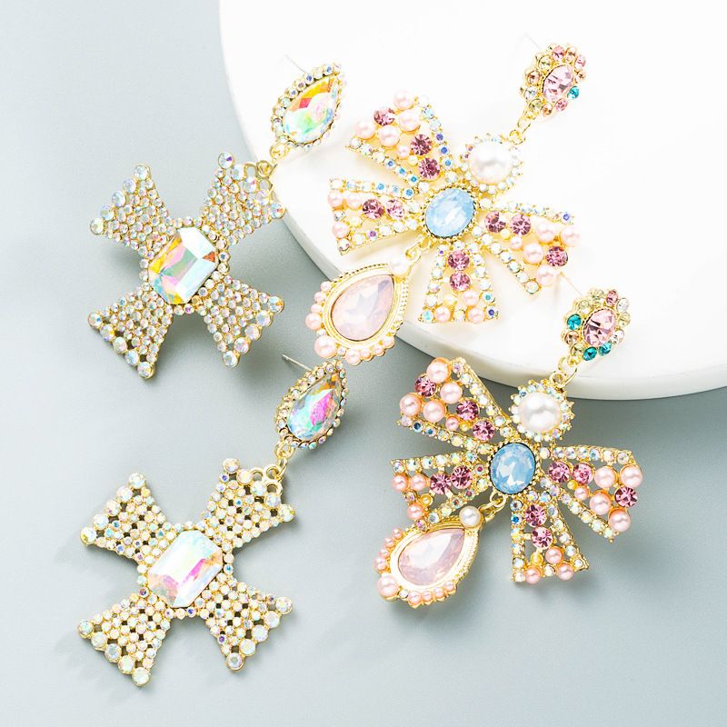 Wholesale Fashion Pearl Pink Diamond Bowknot Earrings Nihaojewelry