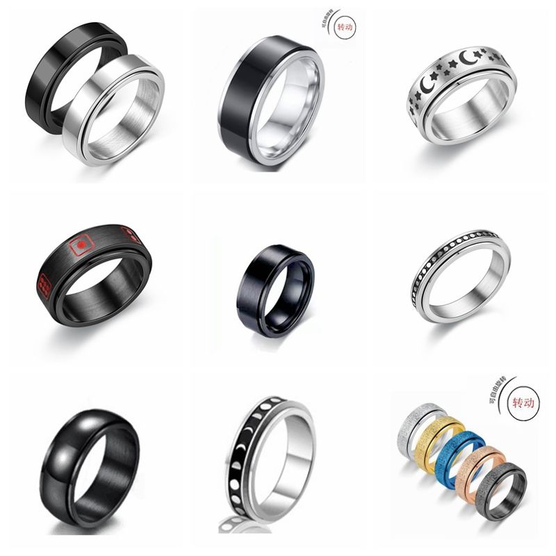 Wholesale New Star And Moon Carved Titanium Steel Rotating Ring Nihaojewelry