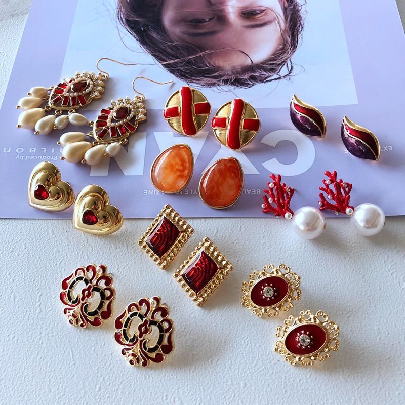 Nihaojewelry Simple Pearl Red Drip Glaze Resin Enamel Earrings Wholesale Jewelry