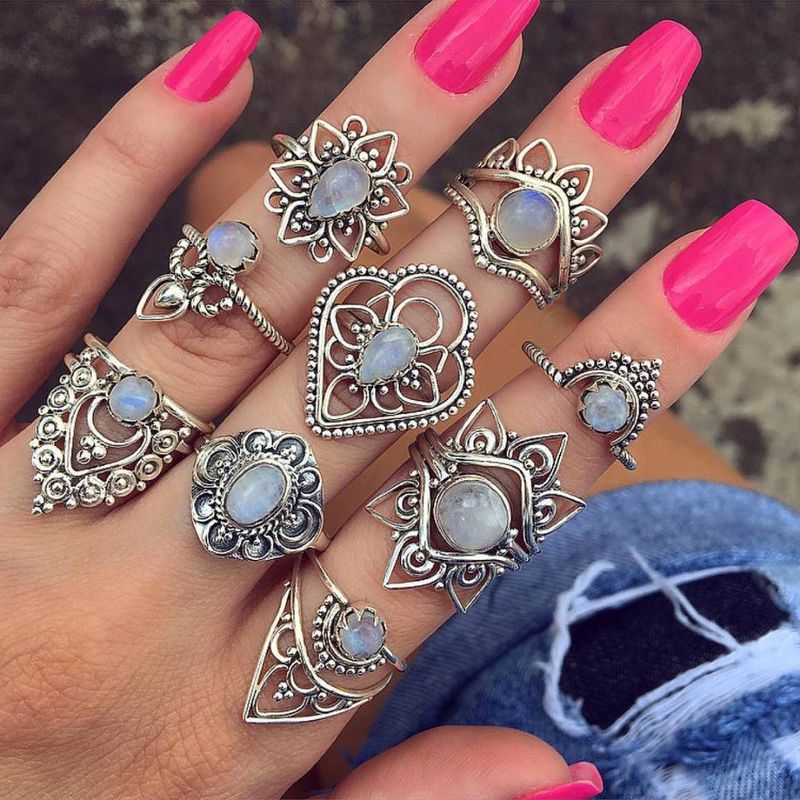 Wholesale Jewelry Retro Diamond Carved Crown Starry 9-piece Combination Ring Nihaojewelry