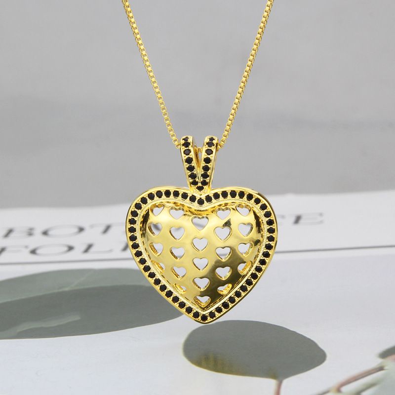 Nihaojewelry Simple Black Zircon Gold-plated Hollow Heart-shaped Necklace Wholesale Jewelry