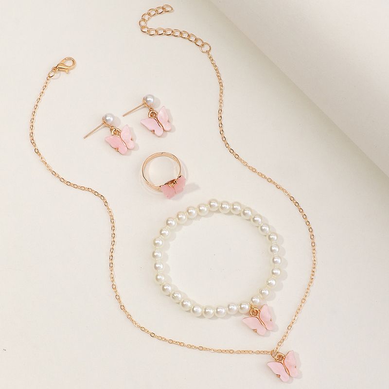 Wholesale Jewelry Butterfly Pearl Children's Necklaces Bracelets Ring Earrings Set Nihaojewelry