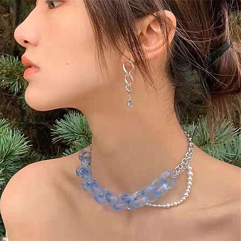 Wholesale Fashion Translucent Blue Crystal Pearl Chain Double-layer Necklace Nihaojewelry