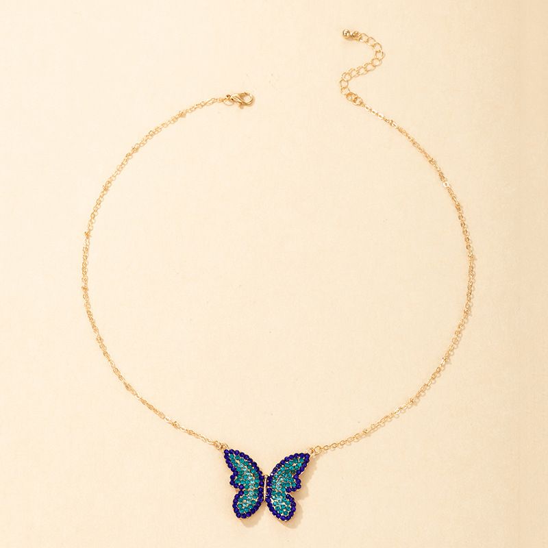 Wholesale Simple Blue Full Diamond Butterfly Pendant Necklace Nihaojewelry