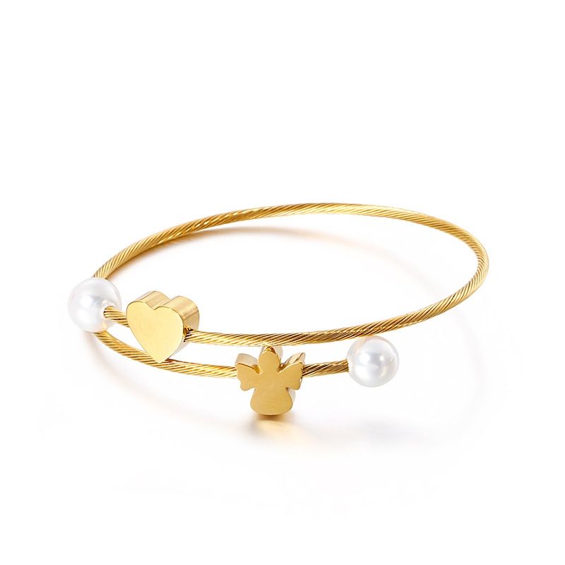 Fashion Simple Three-color Stainless Steel Pearl Heart Angel Bracelet Wholesale Nihaojewelry