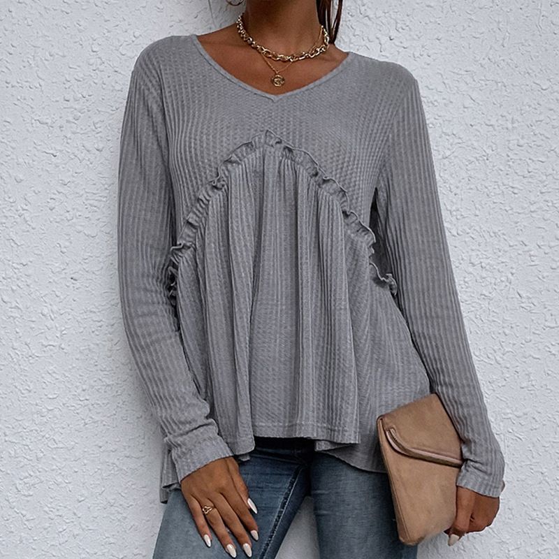 Casual Solid Color Round Neck Stitching Irregular Long-sleeved T-shirt Wholesale Nihaojewelry