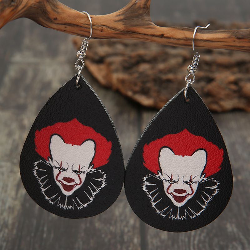 Cross-border New Arrival European And American Style Quirky Red Hair Clown Horror Series Halloween Water Drop Leather Earrings For Women Wholesale