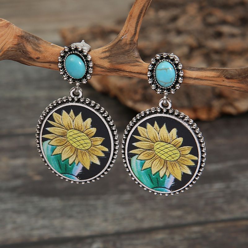 Cross-border European And American Independent Station Retro Sunflower Turquoise Leather Earrings Foreign Trade Cactus Sunflower Metal Earrings