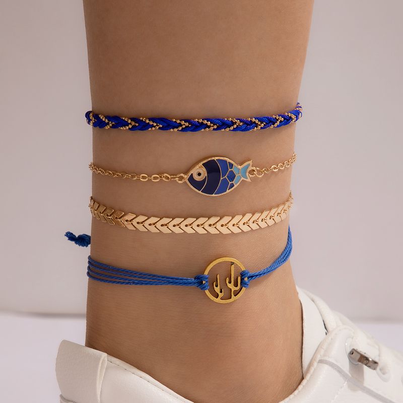 Cross-border Anklet Blue Braided Rope Cactus Fish Marine Elements Beach Style Four-piece Anklet