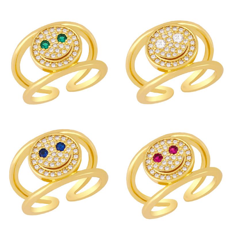 Simple 18k Gold Plated Zircon Double Smile Copper Ring Wholesale Nihaojewelry