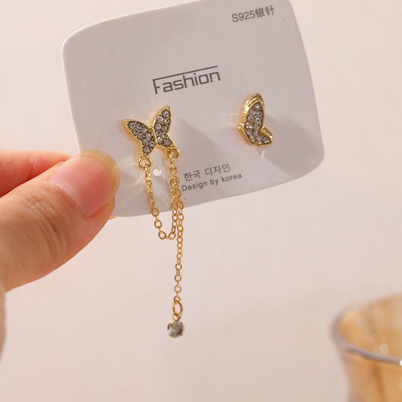 Sterling Silver Needle Korean Fairy Butterfly Asymmetric Earrings Elegant High-grade Cold Style Diamond Stud Earrings For Women
